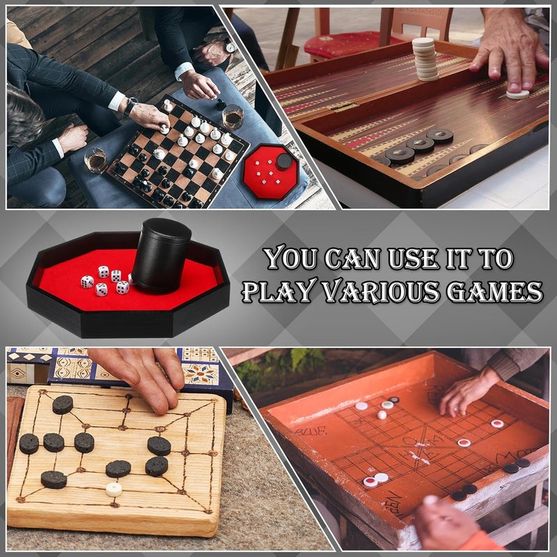 MiniInflat Octagon Tray Dice Cup Set Include Wooden Dice Tray Felt Lined PU Leather Dices Cup with 6 Dot Dices for Table Games(Black) - Image 5